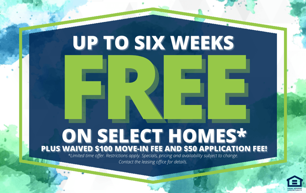 A promotional image advertising up to six weeks free on select homes.