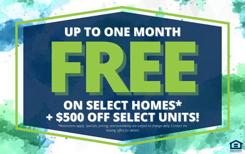 A promotional image advertising a free month on select homes and $500 off select units.