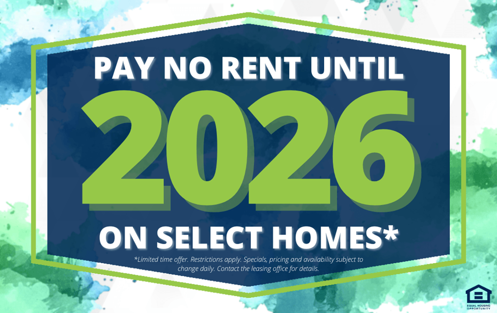 A promotional image offering to pay no rent until 2026 on select homes.