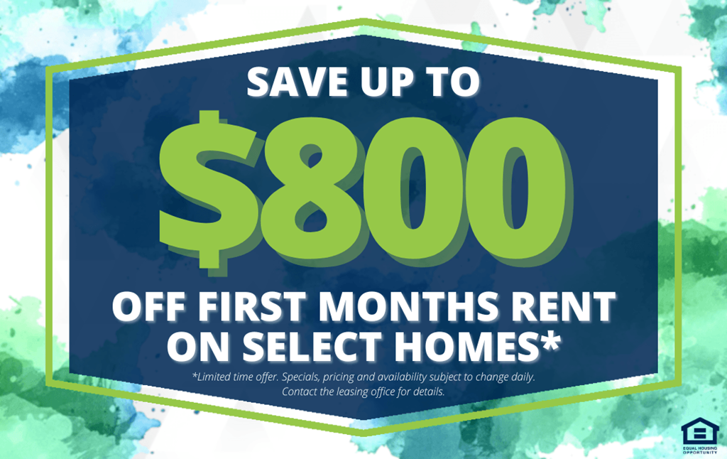 A promotional image offering up to $800 off the first month's rent on select homes.