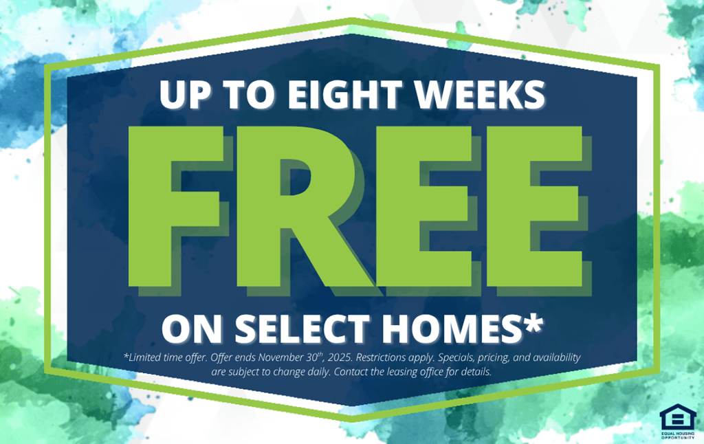 A promotional image advertising up to eight weeks free on select homes.