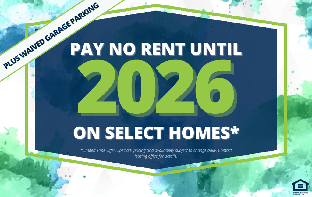 An advertisement for a garage parking offer that waives rent until 2026 on select homes.