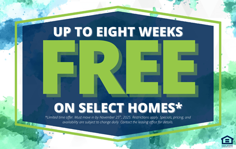 A promotional image advertising up to eight weeks free on select homes.
