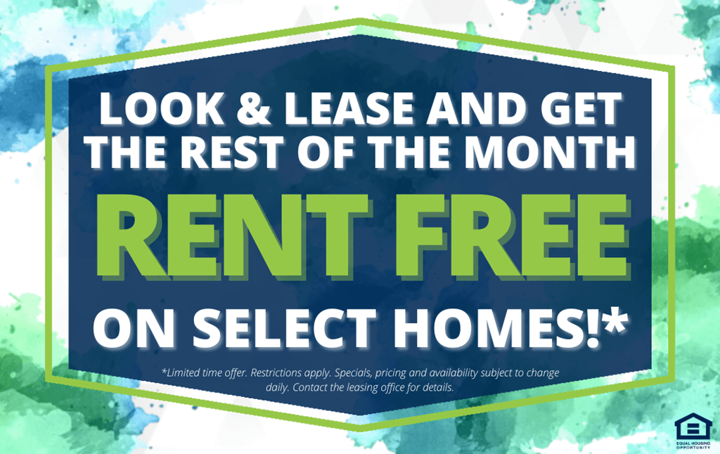 A promotional image offering rent-free lease deals on select homes for the rest of the month.