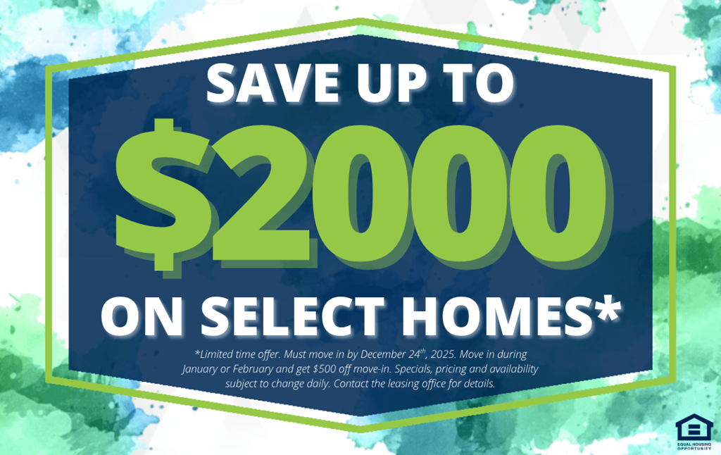 A promotional image advertising savings of up to $2000 on select homes.