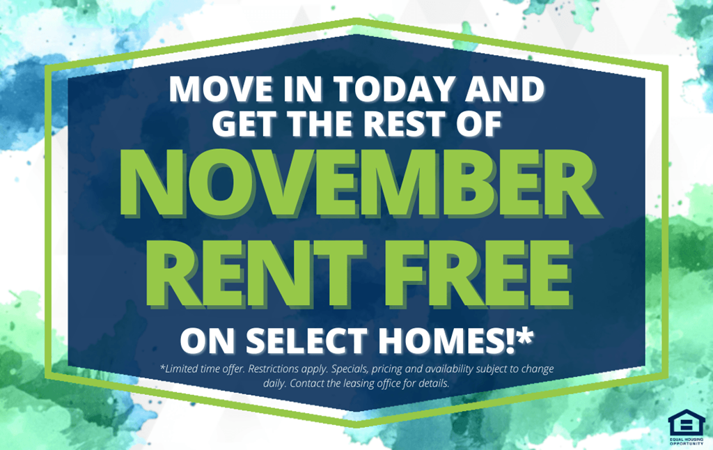 A promotional image offering free rent for November on select homes.