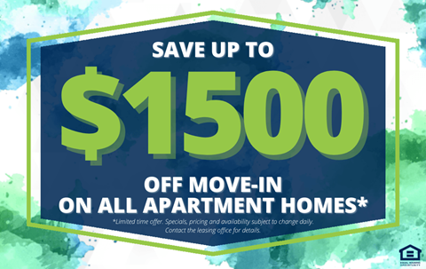 A promotional image offering up to $1500 off move-in on all apartment homes.