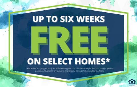 A promotional image advertising up to six weeks free on select homes.