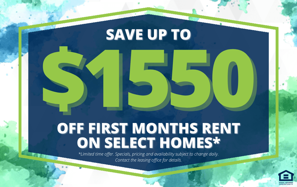 A promotional image offering up to $1550 off the first month's rent on select homes.