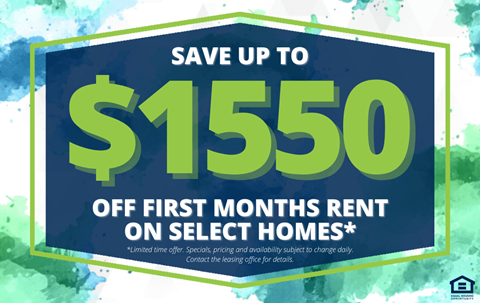 A promotional image offering up to $1550 off the first month's rent on select homes.