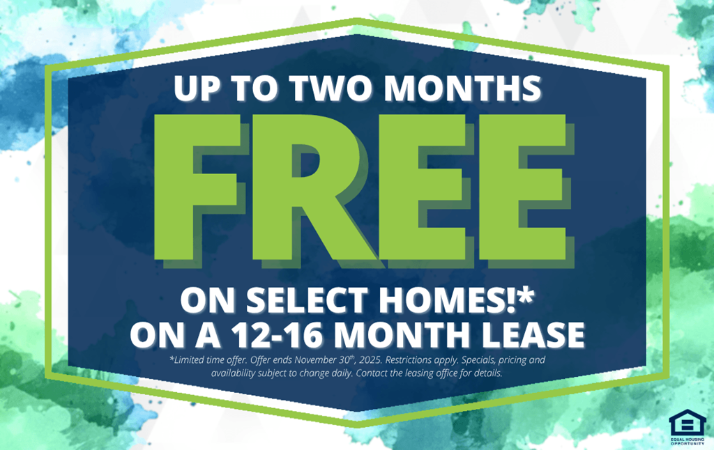 A promotional image offering up to two months free on select homes on a 12-16 month lease.