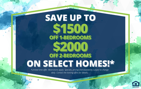 A promotional image offering discounts on select homes.