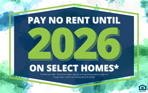 A promotional image offering to pay no rent until 2026 on select homes.
