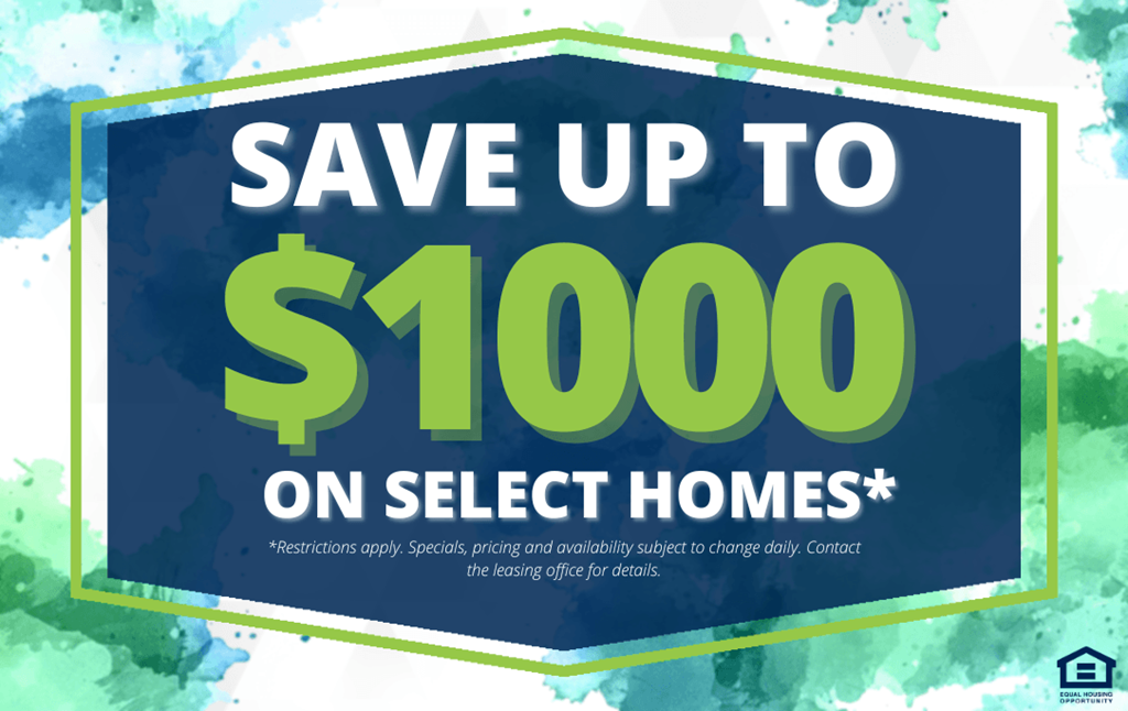 save up to 500 on select homes with a blue and green sign