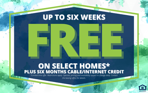 A promotional image offering up to six weeks of free cable/internet credit on select homes.