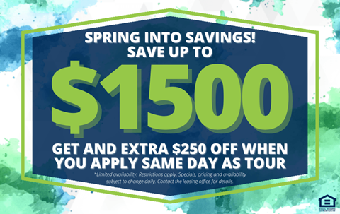 A promotional image advertising savings of up to $1500 and an extra $250 off for same day applications.