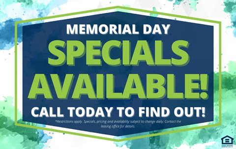 A promotional image for Memorial Day specials is displayed.