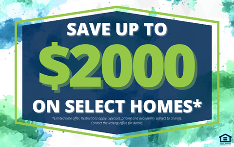 A promotional image advertising savings of up to $2000 on select homes.