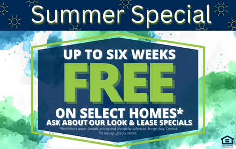 A promotional image advertising a summer special of up to six weeks free on select homes.