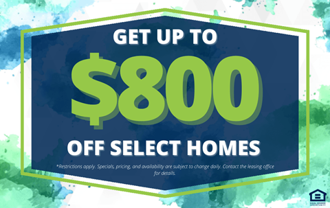 A promotional image offering up to $800 off select homes.