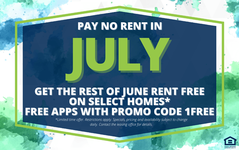 A promotional image offering free rent for the month of July with a promo code.