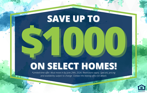 A promotional image advertising savings of up to $1000 on select homes.