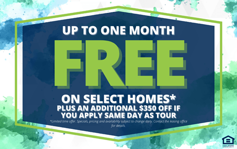 A promotional image advertising a free month on select homes with an additional discount.