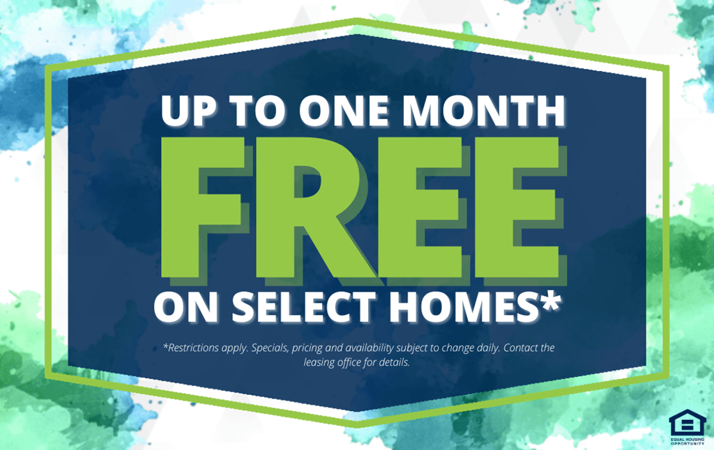 a blue and green sign with the words up to one month free on select homes