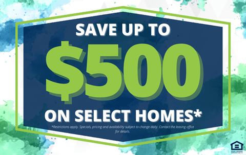 save up to 50 on select homes sign with blue and green watercolor background