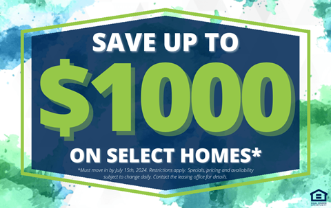 save up to 100 on select homes with a blue and green sign