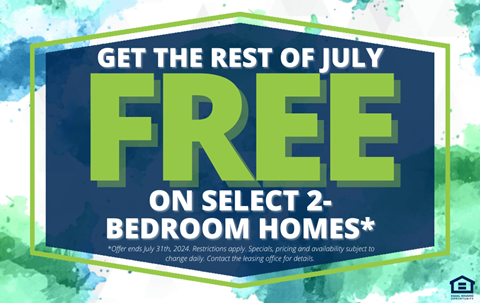 get the rest of july free on select 2 bedroom homes logo