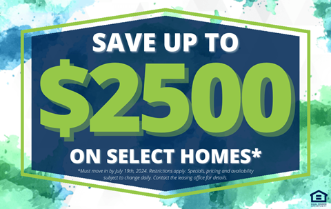 save up to 500 on select homes sign with blue and green watercolor background