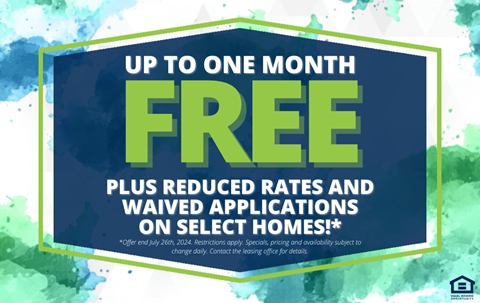 a blue sign that says up to one month free plus reduced rates and waived applications
