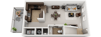 A top-down view of a two-bedroom apartment with a living room, kitchen, and bathroom.