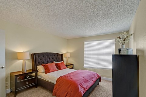A cozy bedroom at Acacia Park with soft carpet, neutral walls, a large window with blinds for natural light, and balanced bedside lighting that creates a calm, comfortable retreat.