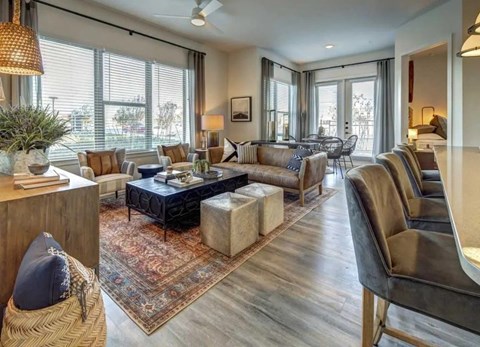 A living room with a black sofa and a rug.