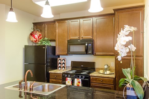 A bright, well-appointed kitchen at Andalucia Villas featuring warm wood cabinetry, black appliances, pendant lighting, and a spacious countertop that offers a functional and inviting cooking space.