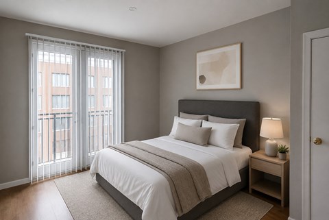 A bedroom with a large bed and a window with curtains.