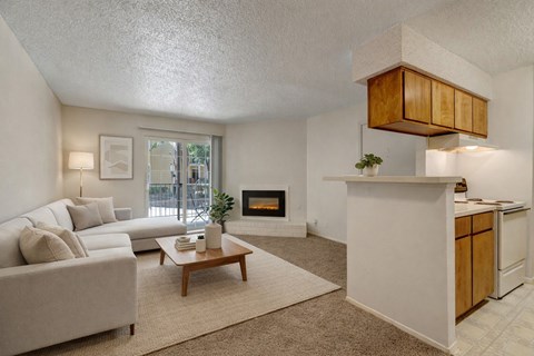 A living room with a fireplace and a couch.