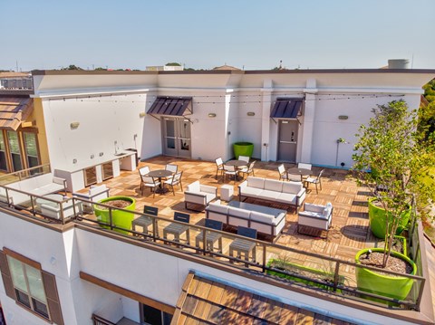 A rooftop terrace here at Florence at the Harbor with lounge seating, dining tables, bar-height chairs, and large planters, creating a spacious and social outdoor gathering area.