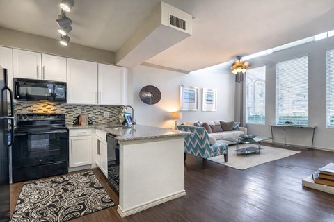 A modern kitchen with a black oven and microwave, a patterned rug, and a living area with a couch and a coffee table.