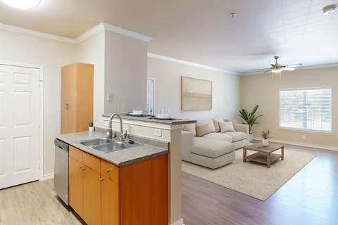 A kitchen with a sink and a counter.