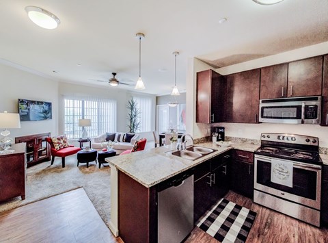 A modern kitchen with dark wood cabinets and stainless steel appliances.