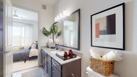 A bathroom with a mirror, sink, and a bed in the background.