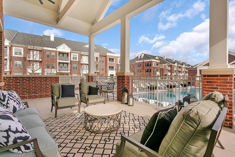 A patio with a table and chairs overlooking a pool.