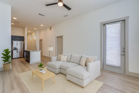 A living room here at Valor at the Realm with a light gray sectional sofa, light wood coffee table, cream rug, small green plants, and an open kitchen with dark cabinets and stainless appliances in back.