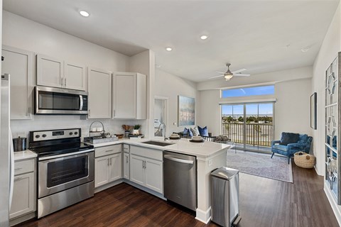 A modern kitchen here at Waterford Market with a large island and stainless steel appliances, overlooking the living room. A sliding door sits at the far back wall, creating a bright and open living space.