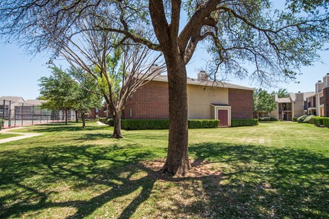 A peaceful landscaped green space at Wildflower featuring mature shade trees casting dappled shadows across well-maintained lawns, with walking paths, a nearby fenced tennis court, and classic brick apartment buildings creating a calm, park-like residential setting.