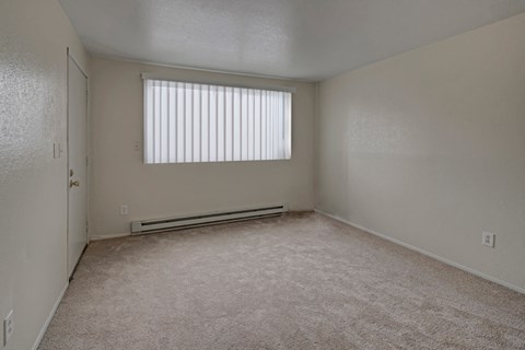 Empty, beige-carpeted living room here at The Club at Eagle Pointe Apartments with pale walls and a large window with vertical blinds, creating a clean and neutral atmosphere.