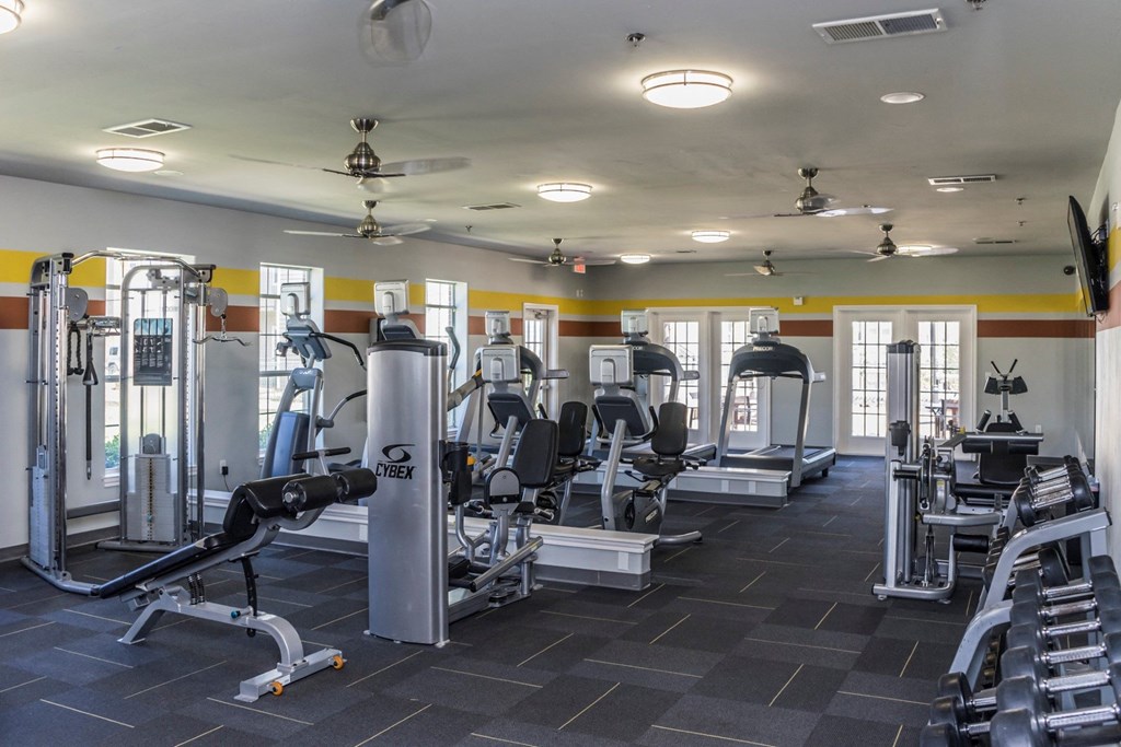 Spacious gym here at Lincoln at Central Park Apartment Homes with modern fitness equipment, including treadmills, weight machines, and dumbbells. Well-lit with large windows and a calm ambiance.